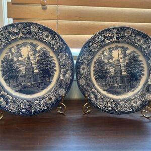 Pair of Liberty Blue Independence hall dinner plates made in England